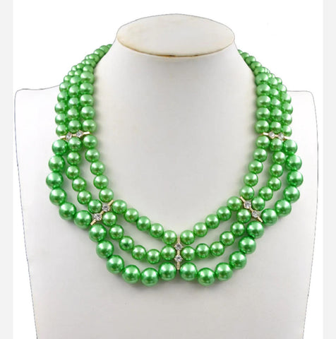 Green Three Strand Rhinestone Necklace Set