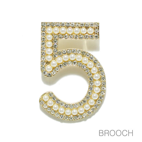 Large gold pearl rhinestone 5 brooch