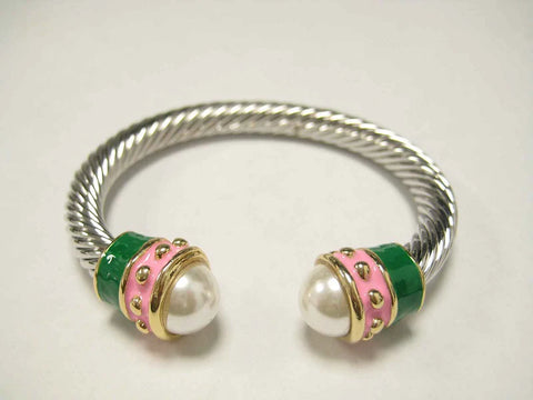 Pearl Pink and Green Cable Cuff