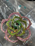 Pink and Green Rhinestone Flower Brooch