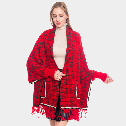 Red Plaid Check Poncho