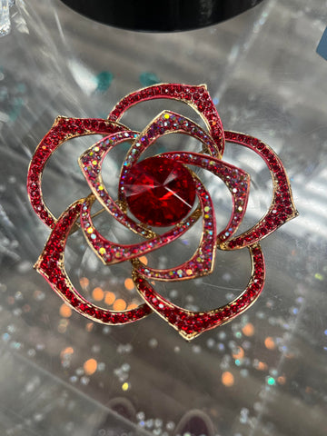 Red Rhinestone Flower Brooch