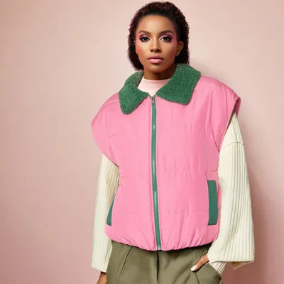 Pink and Green Shearling Puffer Vest