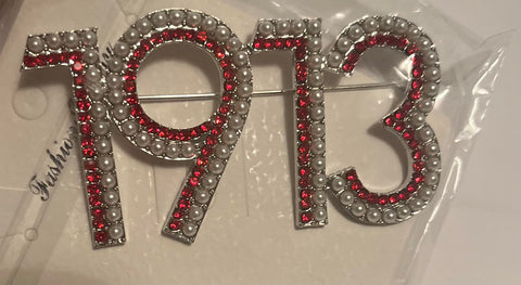 1913 red rhinestone and pearl brooch