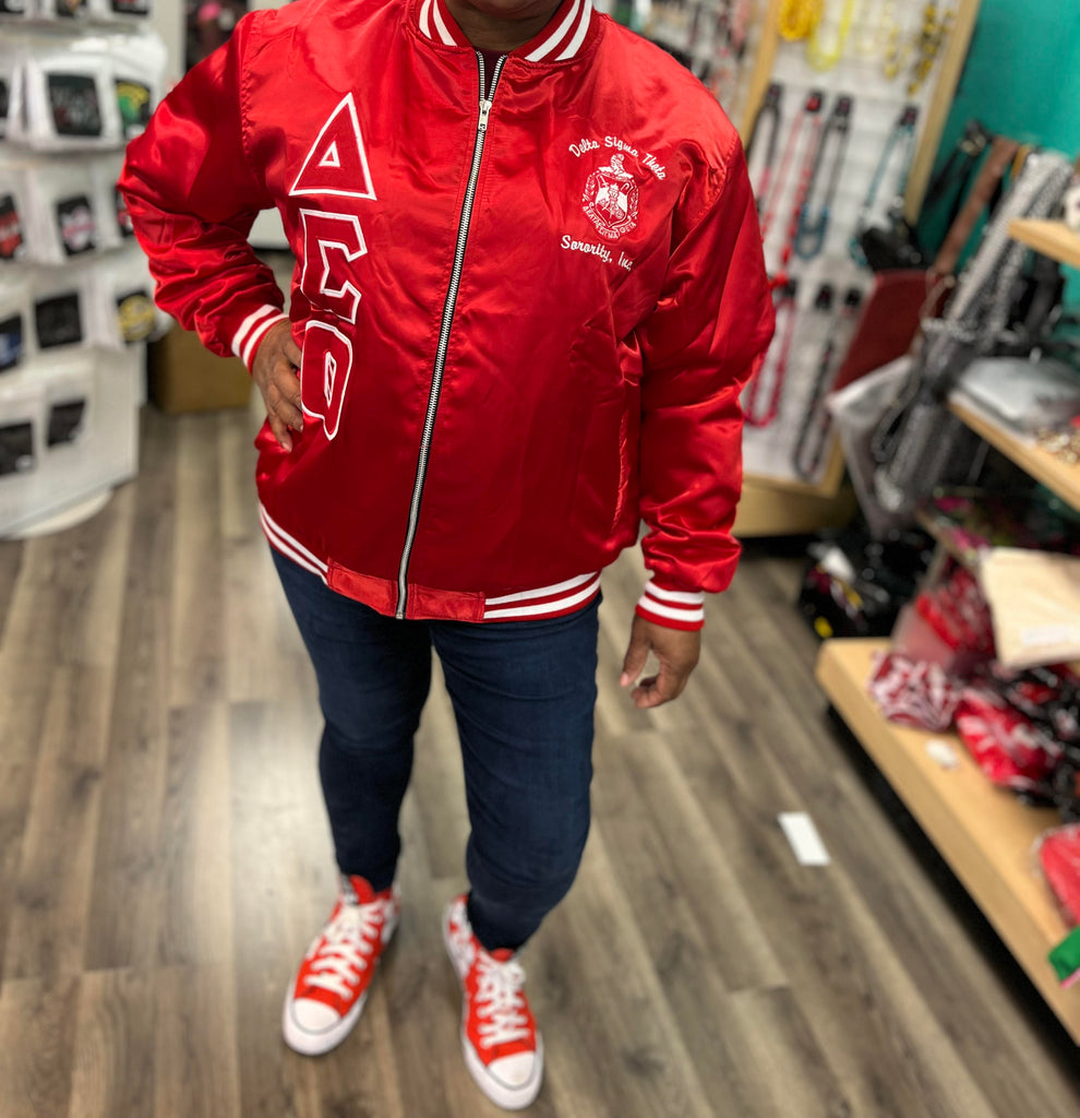 Delta Red Satin Bomber Jacket - Main Image