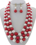 Red and White 3 Strand Pearl Necklace