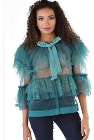 Teal lace sheer blouse